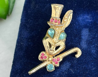 Rabbit Brooch - Easter Bunny, Blue and Pink Rhinestones, Spring Costume Jewelry