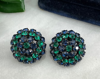 Vintage Schreiner Jewelry Rhinestone Earrings - Blue Green Costume Jewelry Earrings for Women