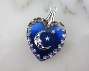 Glass Moon Heart Pendant - Reverse Intaglio, Iridescent Blue Finish ONE PIECE, Celestial Moon and Stars