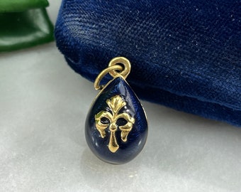 Dark Blue Enamel Egg Charm - Gold Tone Bow, Costume Jewelry Egg Pendant