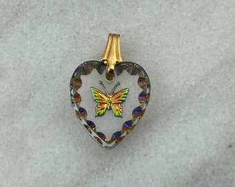 Glass Butterfly Heart Pendant - Reverse Intaglio, Iridescent Vitrail Finish ONE PIECE