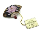 Vintage Toshikane Porcelain Fan Brooch - Vintage, Japan, Chrysanthemum, Original Tags, Box