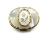 Locket Top Pillbox - Reverse Carved Pink Rose Mother of Pearl