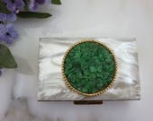 Faux Mother of Pearl Powder Compact - Green Glass Chips Faux Jade