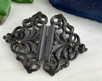 Antique Victorian Mourning Brooch - Gutta Percha Converted Buckle Design