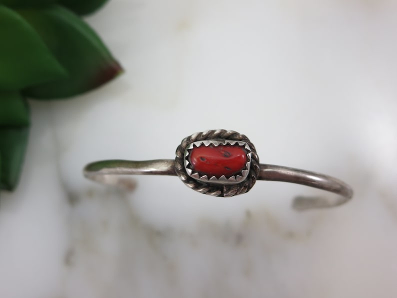 Petite Sterling Silver Cuff Navajo Coral Bracelet Artist Signed Native American Jewelry Adjustable Child Size