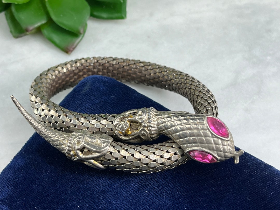 Silver Mesh Coiled Snake Bracelet With Rhinestone Eyes Vintage Wrap