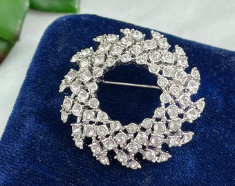 Vintage Rhinestone Brooch - Circle Wreath, Clear Rhinestone Lapel Pin, Silver Tone Costume Jewelry