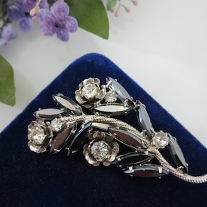 Rhinestone Branch Brooch - Silver Flowers, Gunmetal Finish, Costume Jewelry, Gift for Women