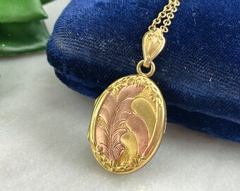 Oval Gold Locket - 10k Gold Fill Locket Pendant, Engraved Flourishes Locket Necklaces for Women