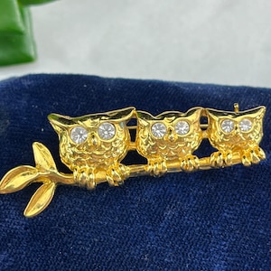 Costume Jewelry Owl Brooch - Gold Tone Owls with Rhinestone Eyes