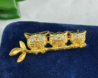 Kostuumsieraden Uilbroche - goudkleurige uilen met strass-ogen