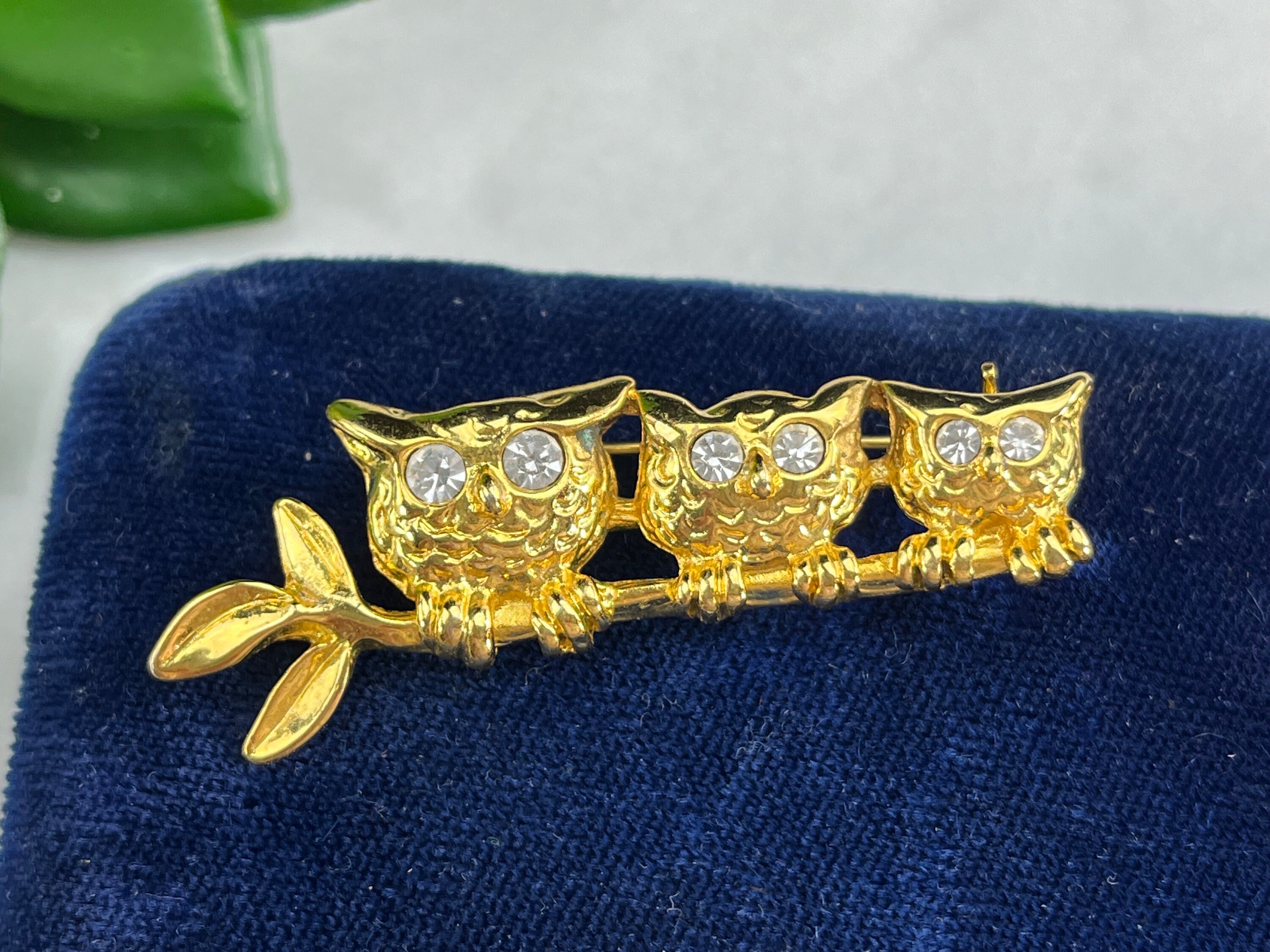 Costume Jewelry Owl Brooch - Gold Tone Owls with Rhinestone Eyes