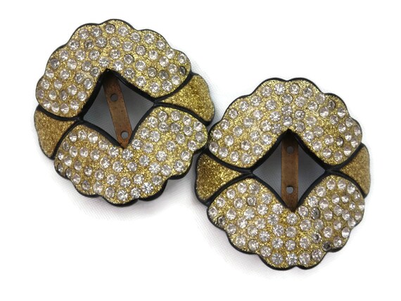Art Deco Rhinestone Buckle Pair - Gold Glitter Fr… - image 4