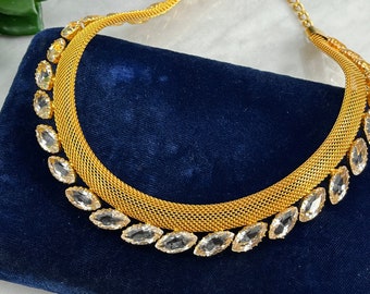 Gold Mesh and Rhinestone Collar Necklace - Vintage Hobe Style Costume Jewelry Necklaces for Women