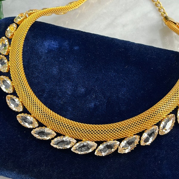 Gold Mesh and Rhinestone Collar Necklace - Vintage Hobe Style Costume Jewelry Necklaces for Women