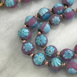 Millefiori Necklace Frosted Venetian Art Glass Beads, Pink and Blue Beaded Necklaces for Women, Estate Jewelry image 8