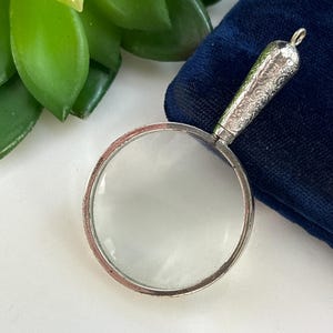 Könnte beinhalten: Eine silberfarbene Lupe mit klarer Linse und dekorativem Griff. Der Griff hat ein verziertes, graviertes Design. Die Lupe liegt auf einer weißen Oberfläche, mit blauem Samthintergrund und grünen Blättern.