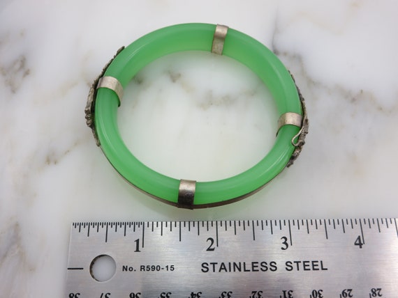 Chinese Jade Green Glass Bangle - Metal Overlay D… - image 4