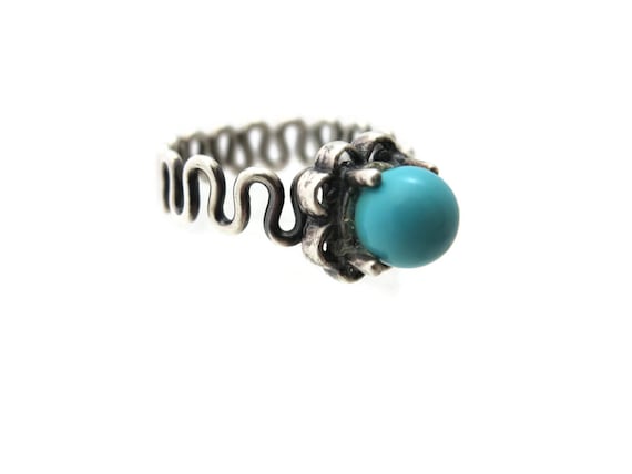 Sterling Silver Turquoise Ring - Wavy Band Turquo… - image 2