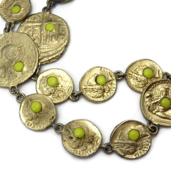 Vintage Pauline Rader Jewelry - Ancient Roman Coin Necklace, Yellow Glass, Costume Jewelry, Gold Tone