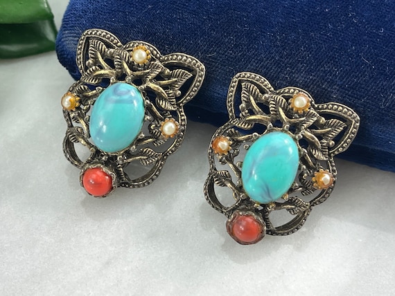 Large Costume Jewelry Earrings - Faux Turquoise - image 1