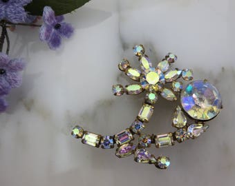 Vintage AB Rhinestone Brooch - Weiss Jewelry Aurora Borealis Stones 1950s 1960s Costume Jewelry