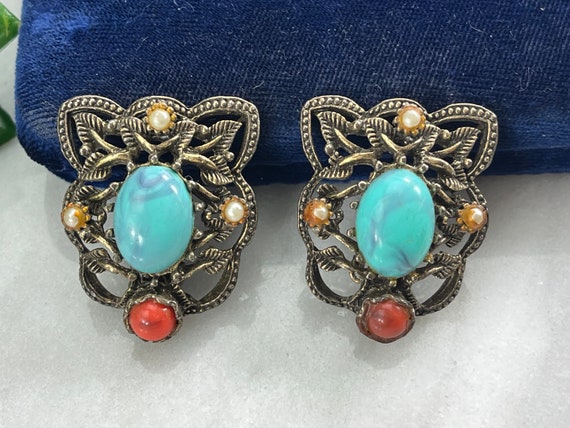 Large Costume Jewelry Earrings - Faux Turquoise - image 3