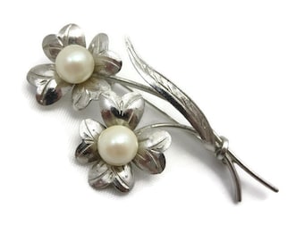 Sterling and Pearl Brooch - Flowers