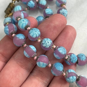 Millefiori Necklace Frosted Venetian Art Glass Beads, Pink and Blue Beaded Necklaces for Women, Estate Jewelry image 4