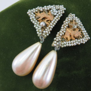Vintage Beaded Earrings with Pearl Drops - Rhinestones, Miriam Haskell Signed, Brass Filigree Earrings for Women AS IS