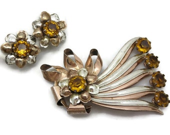 Sterling Brooch and Earring Set - Topaz Rhinestone, Two Tone, Sterling Silver 1940s