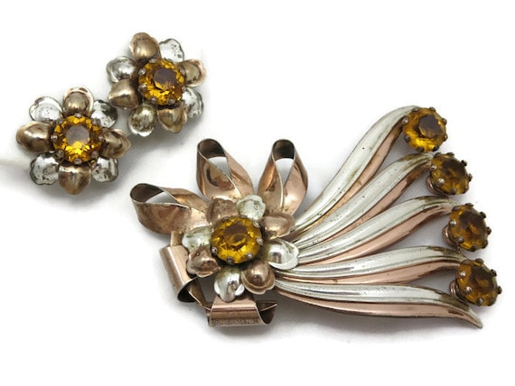 Sterling Brooch and Earring Set - Topaz Rhineston… - image 1