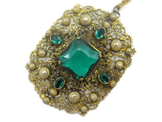 Green Glass Necklace - Lavalier, Czech Glass Jewe… - image 1