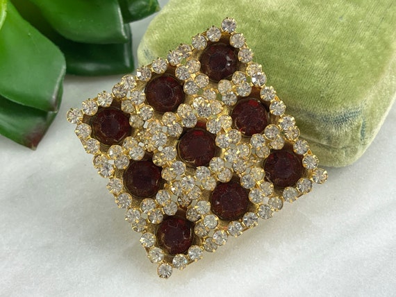 Red Rhinestone Brooch - Mid Century Costume Jewel… - image 1