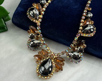 Hematite Rhinestone Necklace D&E Juliana, Vintage AB Costume Jewelry