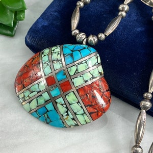 Vintage Santo Domingo Old Pawn Sterling Silver Necklace – Turquoise Coral Inlay Shell Pendant
