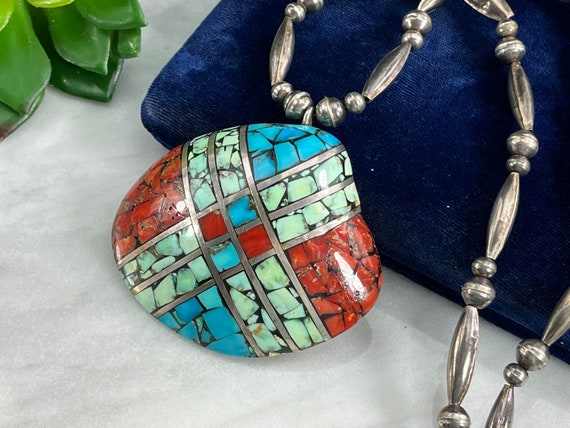 Mosaic Wall Turquoise Coral Vintage Santo Domingo Sterling Silver Inlay Necklace Mosaic Wall Turquoise Coral Vintage Santo Domingo Sterling Silver Inlay Necklace