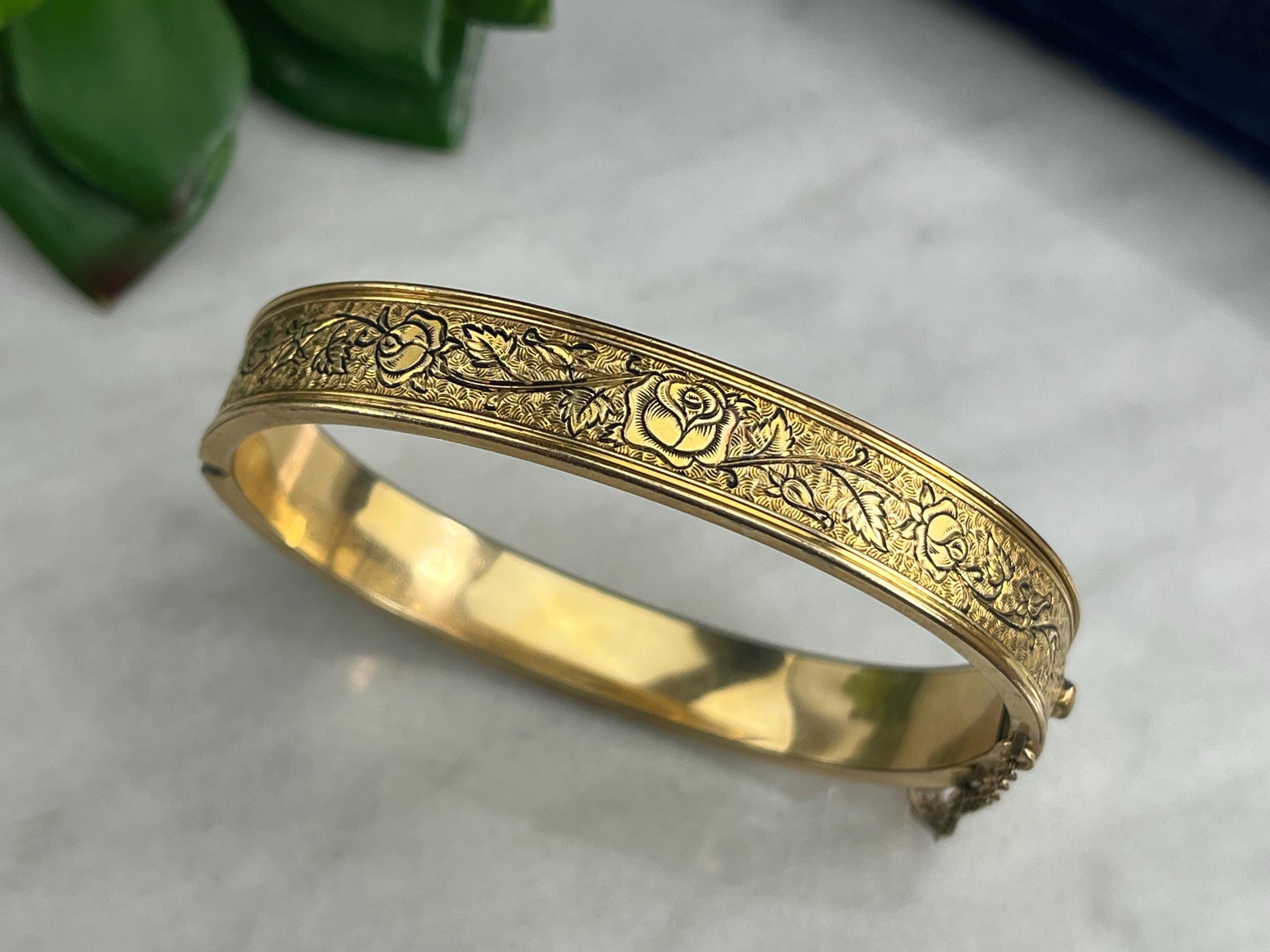 Gold Etched Roses Bracelet - 12k Gold Fill Bangle, Victorian Gold Etched Roses Bracelet - 12k Gold Fill Bangle, Victorian