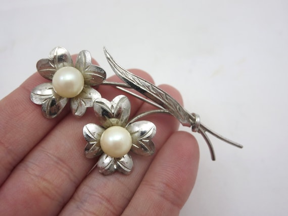 Sterling and Pearl Brooch - Flowers - image 2