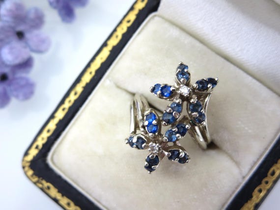 Blue Spinel Ring - 14k White Gold Cocktail Flower