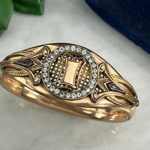 Gold Bangle Bracelet - FMCO, Victorian Revival Costume Jewelry, Hinged Bracelets for Women