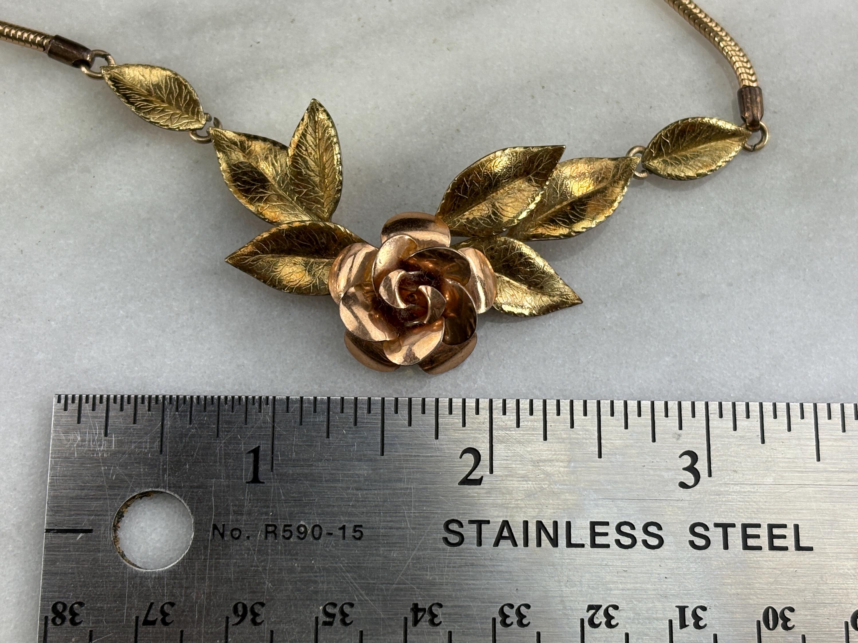 Vintage Krementz Flower Necklace - Rose Gold Rose & Yellow