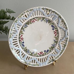 Rare Sarreguemines Faience Plate - 1875-1900 Reticulated Design - Light Blue Swag with Fruit