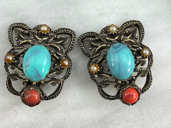 Large Costume Jewelry Earrings - Faux Turquoise - image 2