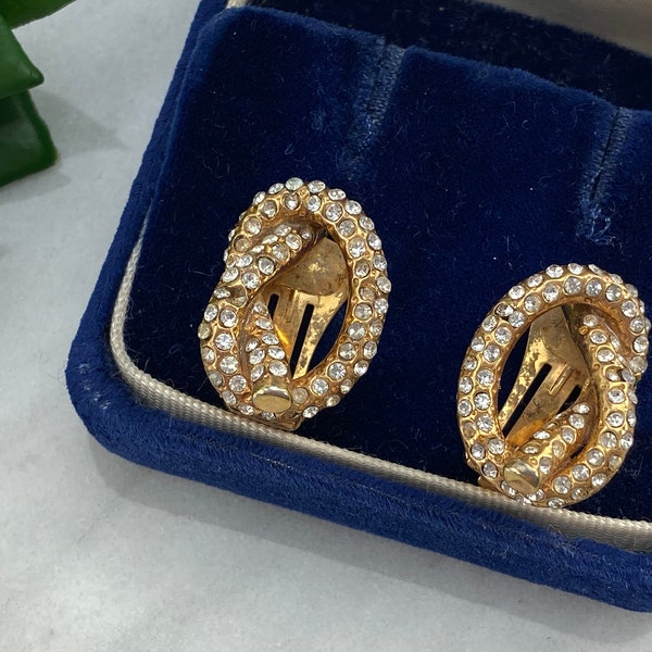 Costume Jewelry Gold Knot Earrings - Clear Rhinestones, Bijoux Cascio