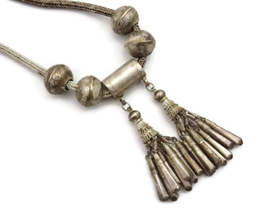 Vintage Tassel Necklace - Tribal Silver Boho Foxt… - image 1