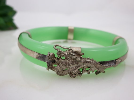 Chinese Jade Green Glass Bangle - Metal Overlay D… - image 2