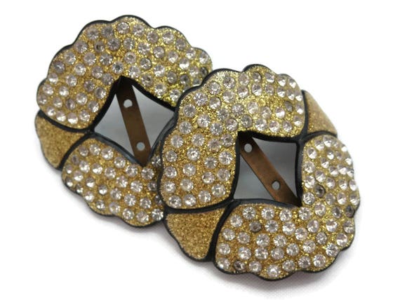 Art Deco Rhinestone Buckle Pair - Gold Glitter Fr… - image 9