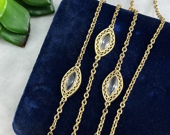 Long Gold Chain Necklace - Vintage Mid Century Clear Glass Gem Stations Costume Jewelry 1970s
